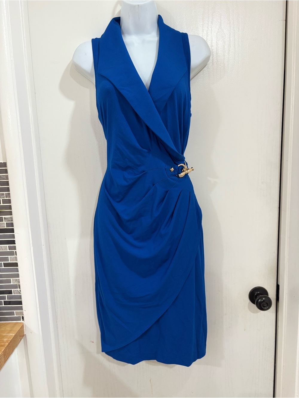 Cache Sleeveless Draped Wrap Dress in Cobalt Blue with Gold Accent